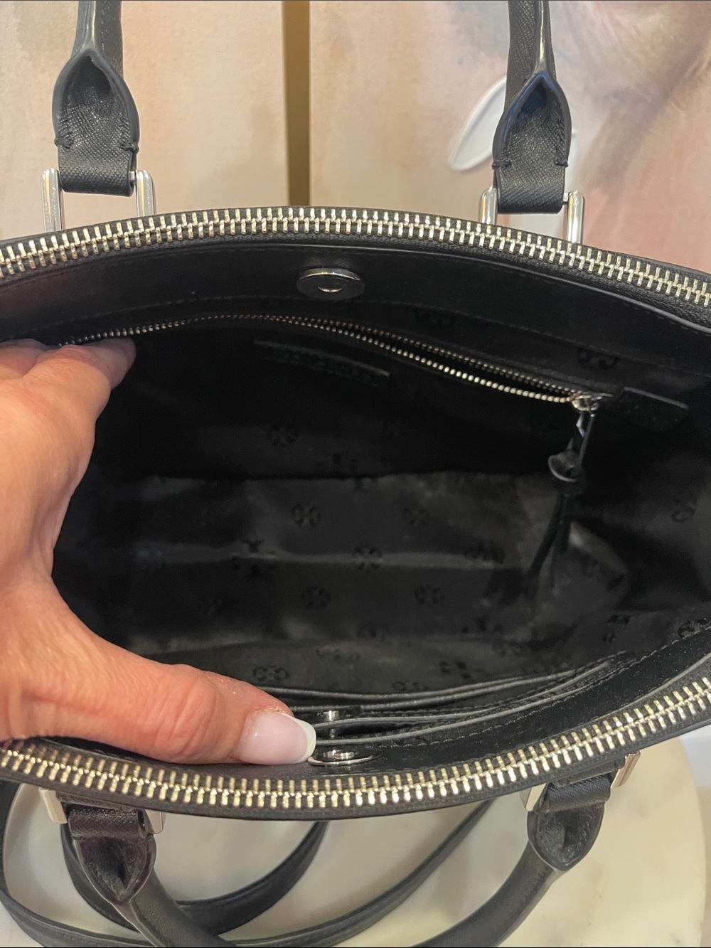 Tory Burch Black Leather Satchel with Blue and Cream Floral Appliqué - Picture 6 of 7
